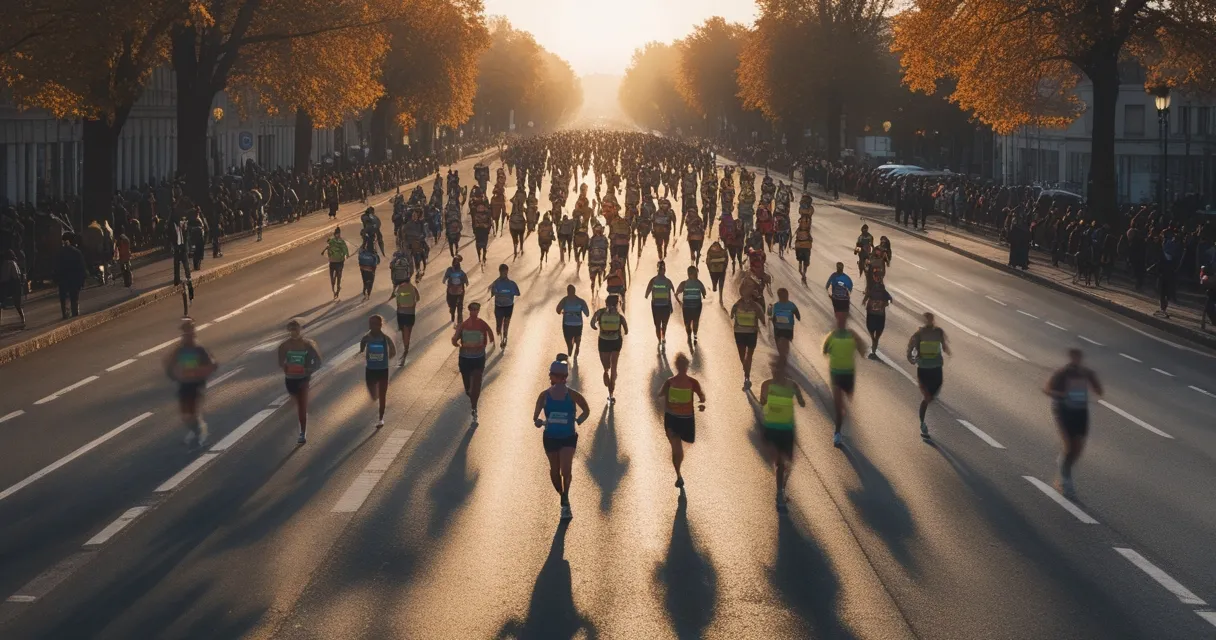 Illustration: a broad European boulevard at sunrise filled with marathon runners, autumn trees, long shadows across the asphalt
