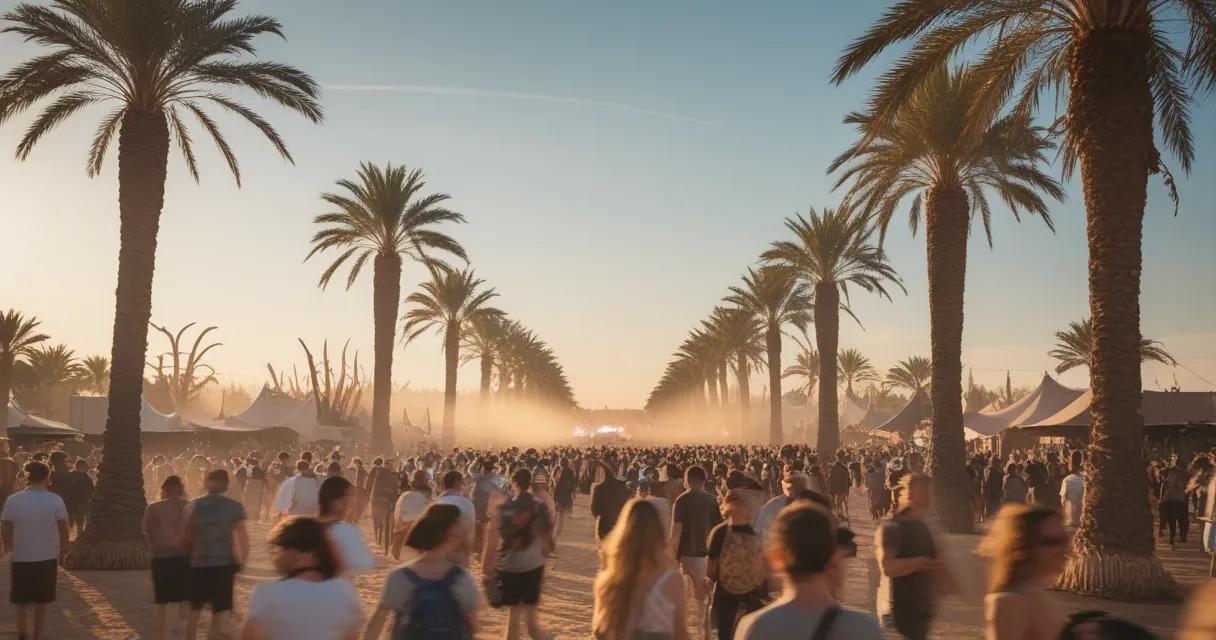 Illustration: desert festival grounds at golden hour, palm trees and sculptural art installations, dust hanging in the air, a distant stage