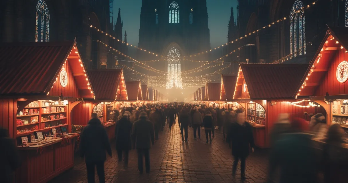Illustration: a dense Christmas market of red-roofed wooden stalls at night beneath a vast gothic cathedral, strings of lights overhead, crowds moving between the rows, mist in the cold air
