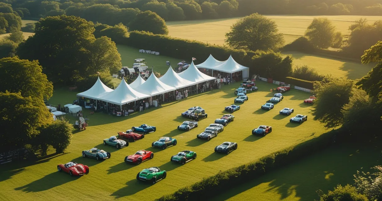 Illustration: an English country estate lawn turned into a motorsport paddock, classic racing cars on grass, white marquees, hedgerows, soft July light
