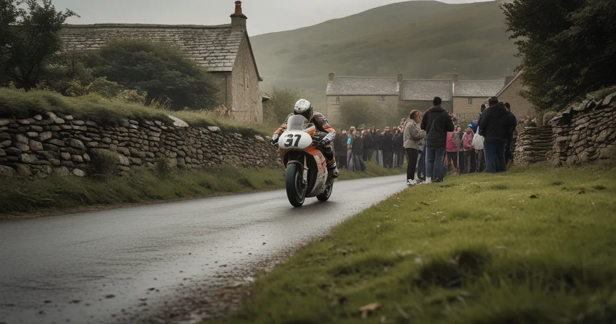 Illustration: a road-racing motorcycle leaning through a village corner between stone walls and hedges, spectators on a grass bank, soft island overcast