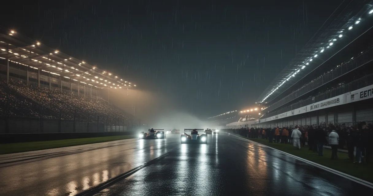 Illustration: endurance racing at night, prototype headlights streaking past floodlit grandstands, rain-damp tarmac, long exposure