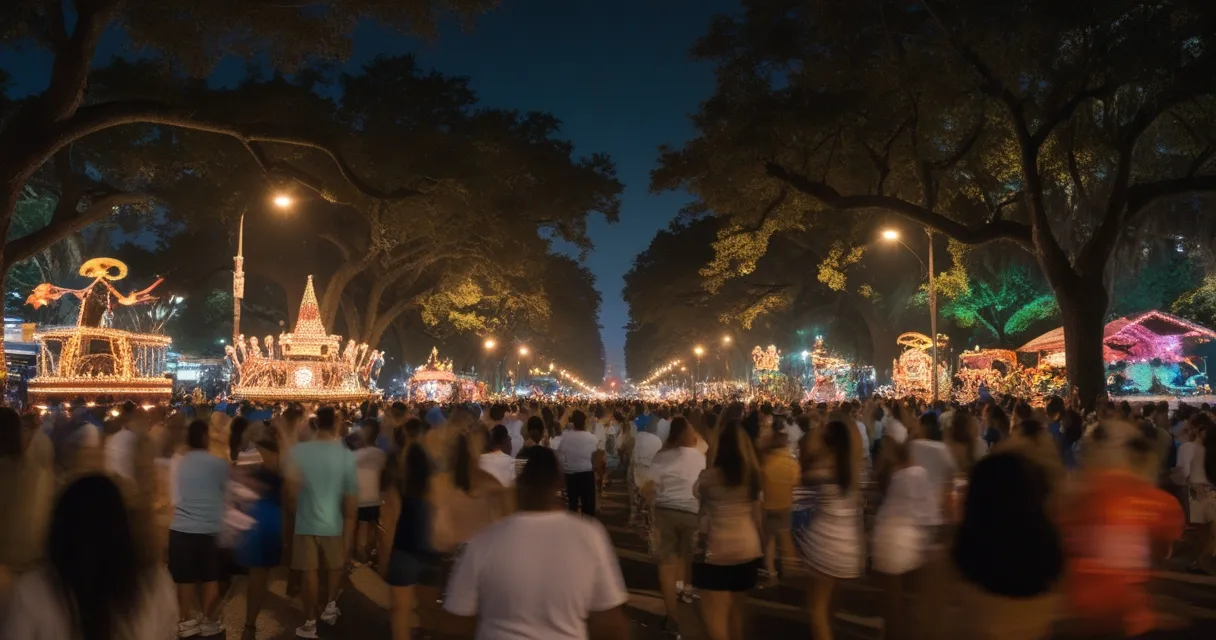 Illustration: a night carnival parade on a southern avenue, lit floats under live oaks, crowds with arms raised, warm artificial light