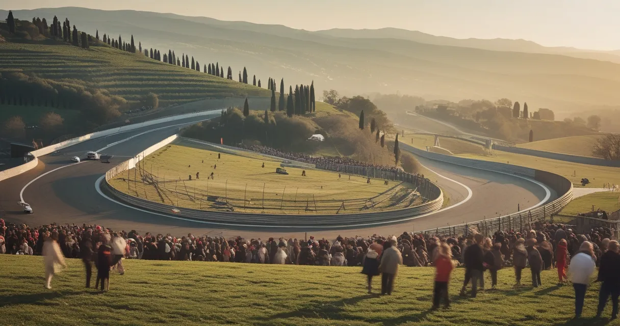 Illustration: a Tuscan hillside racing circuit in late spring, cypress trees above the banking, crowds on the grass, hazy warm light