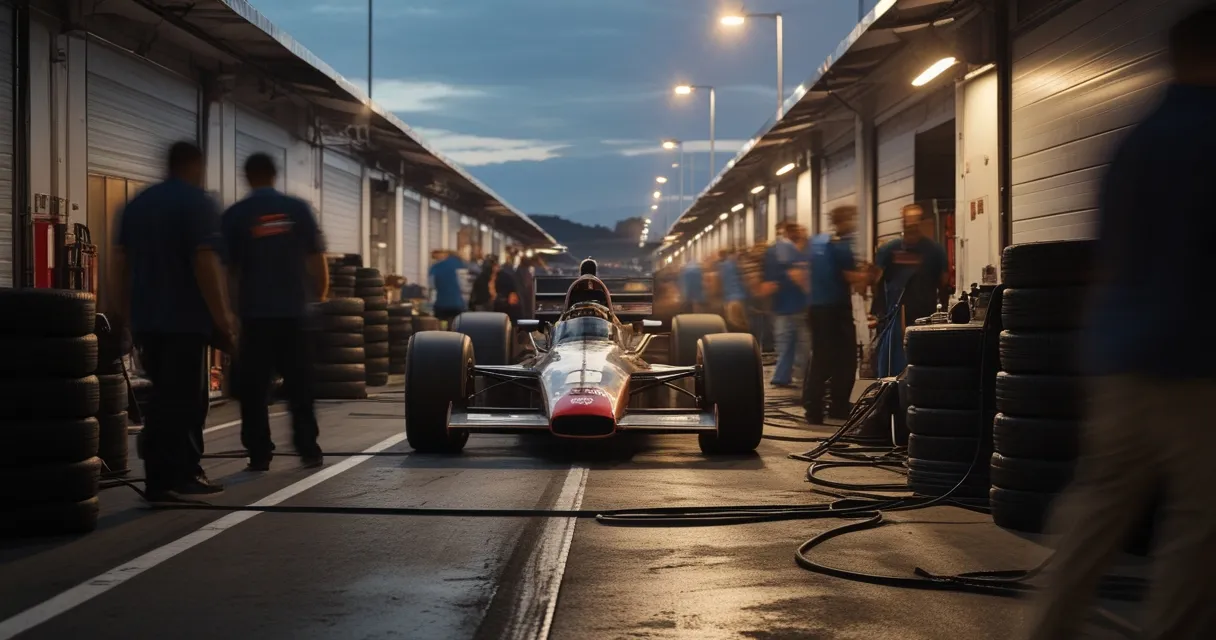 Illustration: a pit lane at dusk under floodlights, mechanics working around a race car on jacks, stacks of tyres and coiled cables along the garage wall