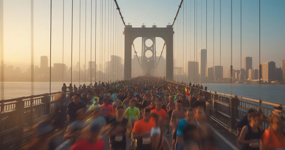 Illustration: a long suspension bridge crowded with runners in morning haze, a distant skyline behind