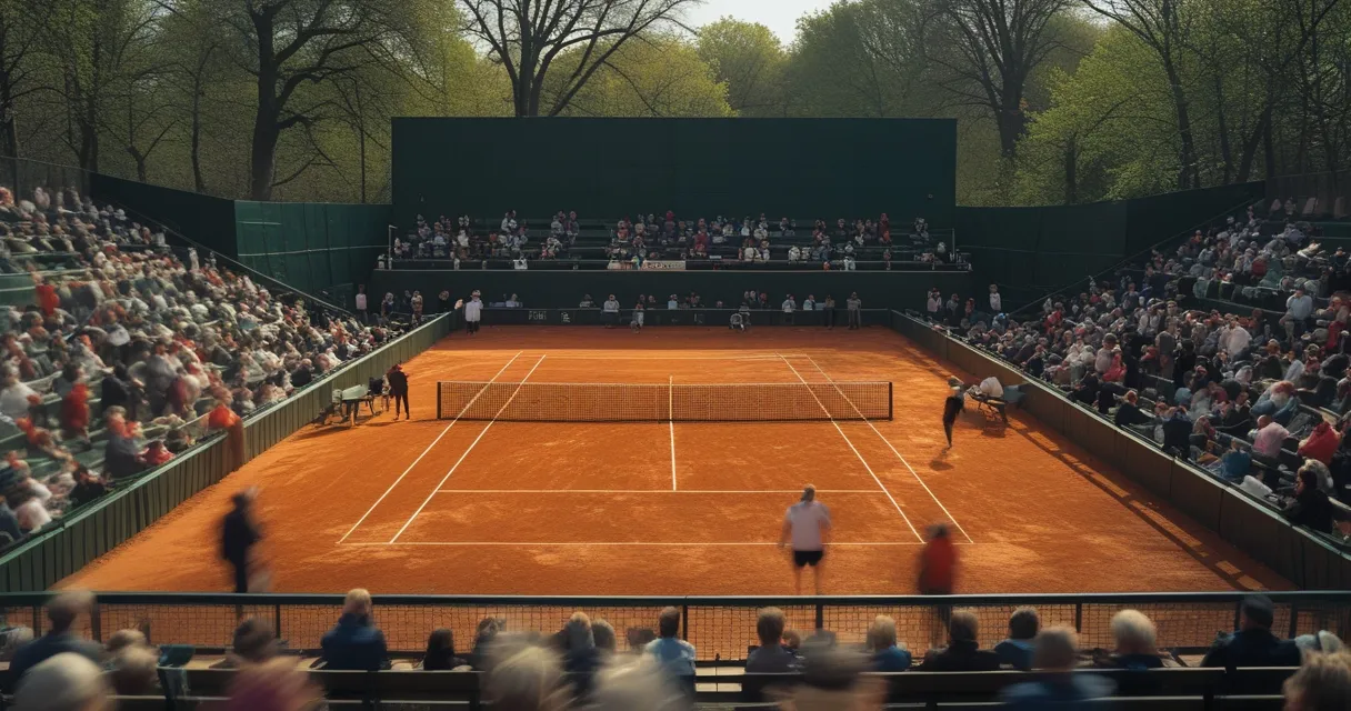 Illustration: a clay tennis court seen from the stands in late spring, orange dust and white lines, dark green windbreak, afternoon shade
