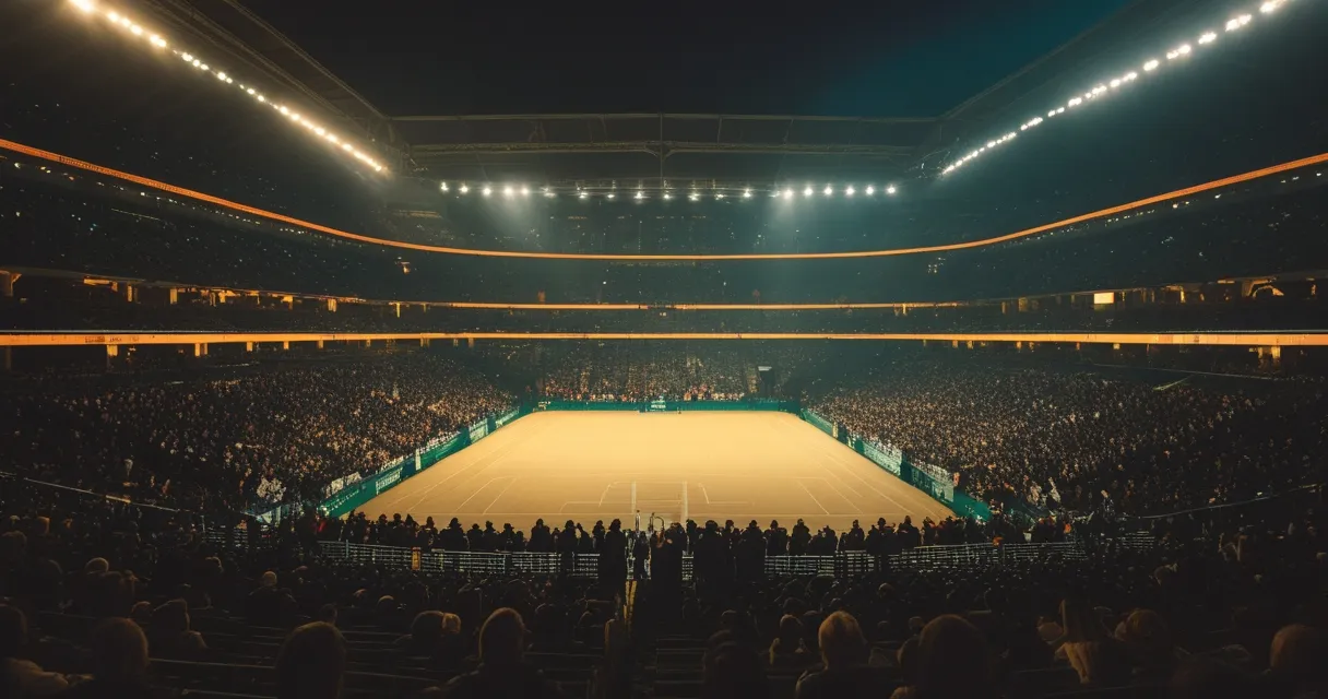 Illustration: a floodlit arena at night seen from high in the stands, the playing surface bright far below, a full crowd in silhouette