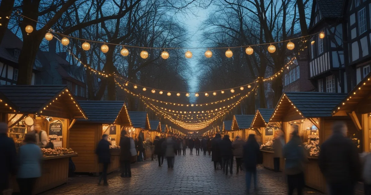 Illustration: a row of wooden market chalets along a cobbled square at dusk under bare plane trees, garlands and warm lights strung overhead, half-timbered facades behind, people between the stalls