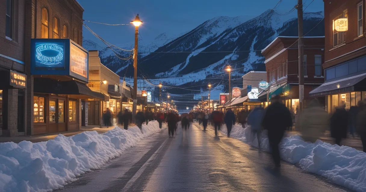 Illustration: a small mountain town main street deep in winter, snow banked along the kerb, warm light spilling from a single-screen cinema at blue hour