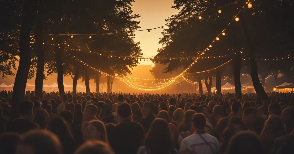 Illustration: a wooded river island festival at dusk, string lights through the trees, crowd silhouettes, warm summer haze