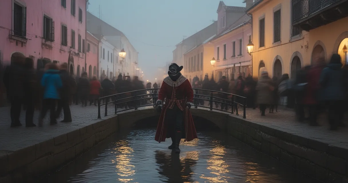 Illustration: a narrow canal at dawn in winter fog, a masked figure in period costume crossing a small bridge, pastel plaster facades